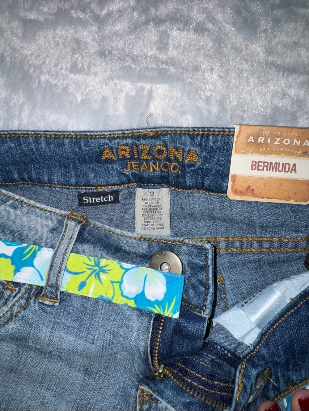 Arizona Jean Company Blue Denim Bermuda Shorts with Floral Belt